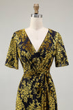 Golden Purple Velvet V-Neck A Line Long Mother of Bride Dress with Slit
