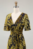 Golden Purple Velvet V-Neck A Line Long Mother of Bride Dress with Slit