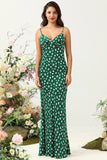 Green Sheath Spaghetti Straps Floral Print Bridesmaid Dress