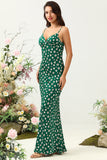 Green Sheath Spaghetti Straps Floral Print Bridesmaid Dress