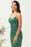 Green Sheath Spaghetti Straps Floral Print Bridesmaid Dress