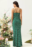 Green Sheath Spaghetti Straps Floral Print Bridesmaid Dress