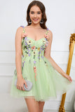 A Line Spaghetti Straps Green Short Prom Dress with Appliques