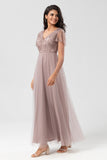 Dusty Pink A Line V Neck Long Bridesmaid Dress With Beading