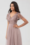Dusty Pink A Line V Neck Long Bridesmaid Dress With Beading