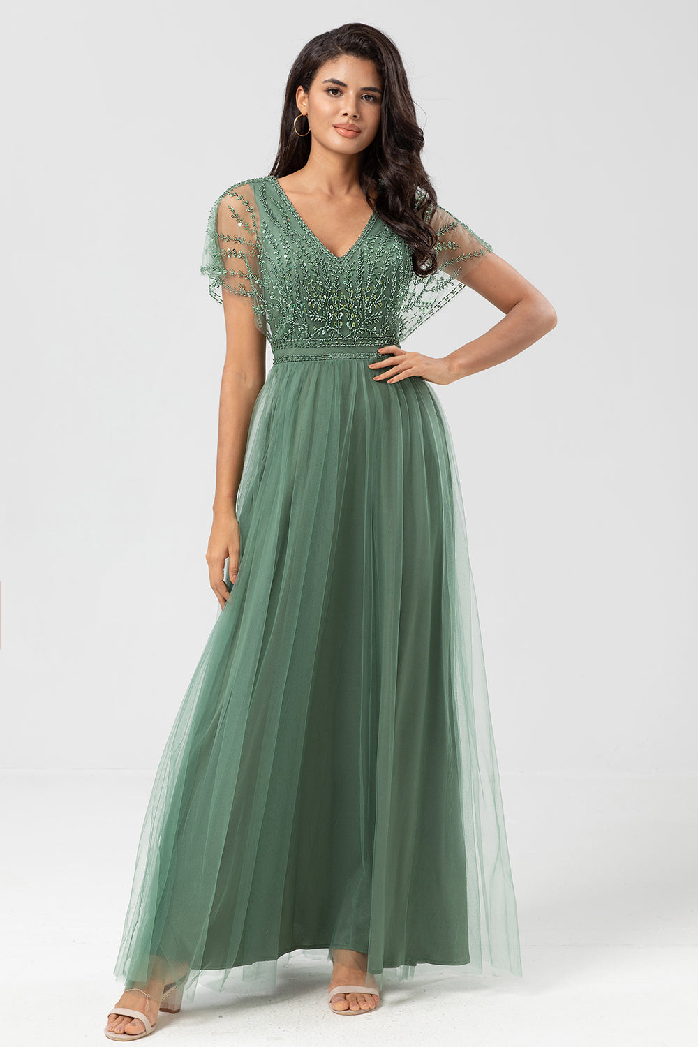 Leely Women Eucalyptus Maxi Bridesmaid Dress A-Line V Neck Formal Dress With Beading leelyuk Leely Women Eucalyptus Maxi Bridesmaid Dress A-Line V Neck Formal Dress With Beading leelyuk