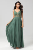 Eucalyptus A Line V Neck Chiffon Long Bridesmaid Dress With Beading
