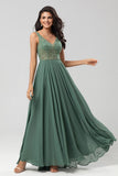 Eucalyptus A Line V Neck Chiffon Long Bridesmaid Dress With Beading