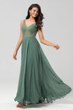 Eucalyptus A Line V Neck Chiffon Long Bridesmaid Dress With Beading