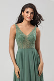 Eucalyptus A Line V Neck Chiffon Long Bridesmaid Dress With Beading