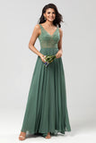 Eucalyptus A Line V Neck Chiffon Long Bridesmaid Dress With Beading