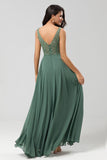 Eucalyptus A Line V Neck Chiffon Long Bridesmaid Dress With Beading