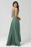 Eucalyptus A Line V Neck Chiffon Long Bridesmaid Dress With Beading