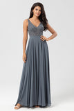 Eucalyptus A Line V Neck Chiffon Long Bridesmaid Dress With Beading