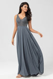 Eucalyptus A Line V Neck Chiffon Long Bridesmaid Dress With Beading