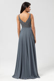 Eucalyptus A Line V Neck Chiffon Long Bridesmaid Dress With Beading