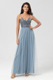 Sparkly Dusty Blue A Line Spaghetti Straps Long Bridesmaid Dress With Beading