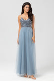 Sparkly Dusty Blue A Line Spaghetti Straps Long Bridesmaid Dress With Beading