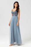 Sparkly Dusty Blue A Line Spaghetti Straps Long Bridesmaid Dress With Beading