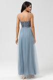 Sparkly Dusty Blue A Line Spaghetti Straps Long Bridesmaid Dress With Beading