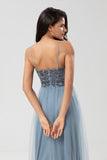 Sparkly Dusty Blue A Line Spaghetti Straps Long Bridesmaid Dress With Beading
