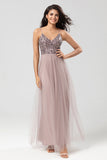 Sparkly Dusty Blue A Line Spaghetti Straps Long Bridesmaid Dress With Beading