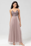 Sparkly Dusty Blue A Line Spaghetti Straps Long Bridesmaid Dress With Beading