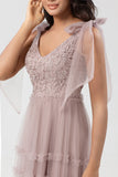 Dusty Pink A Line Tulle Long Bridesmaid Dress With Beading