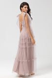 Dusty Pink A Line Tulle Long Bridesmaid Dress With Beading