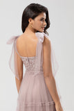 Dusty Pink A Line Tulle Long Bridesmaid Dress With Beading