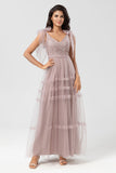 Dusty Pink A Line Tulle Long Bridesmaid Dress With Beading