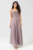 Dusty Pink A Line Spaghetti Straps Beaded Long Bridesmaid Dress
