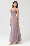 Dusty Pink A Line Spaghetti Straps Beaded Long Bridesmaid Dress