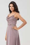 Dusty Pink A Line Spaghetti Straps Beaded Long Bridesmaid Dress