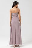 Dusty Pink A Line Spaghetti Straps Beaded Long Bridesmaid Dress