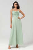 Dusty Pink A Line Spaghetti Straps Beaded Long Bridesmaid Dress