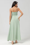 Dusty Pink A Line Spaghetti Straps Beaded Long Bridesmaid Dress