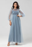 Sparkly Dusty Blue A Line Jewel Neck Long Bridesmaid Dress With Sequined Appliques
