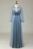 Chic Romantic A Line Jewel Neck Dusty Rose Long Bridesmaid Dress with Long Sleeves