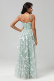 Tulle Spaghetti Straps Matcha Bridesmaid Dress with Appliques