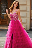 Gorgeous Fuchsia A Line Spaghetti Straps Long Appliqued Tiered Prom Dress With Slit