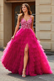 Gorgeous Fuchsia A Line Spaghetti Straps Long Appliqued Tiered Prom Dress With Slit