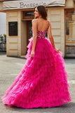 Gorgeous Fuchsia A Line Spaghetti Straps Long Appliqued Tiered Prom Dress With Slit
