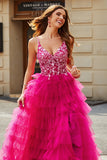 Gorgeous Fuchsia A Line Spaghetti Straps Long Appliqued Tiered Prom Dress With Slit