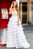Sparkly White A Line Tulle Long Corset Tiered Prom Dress With Slit