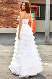 Sparkly White A Line Tulle Long Corset Tiered Prom Dress With Slit