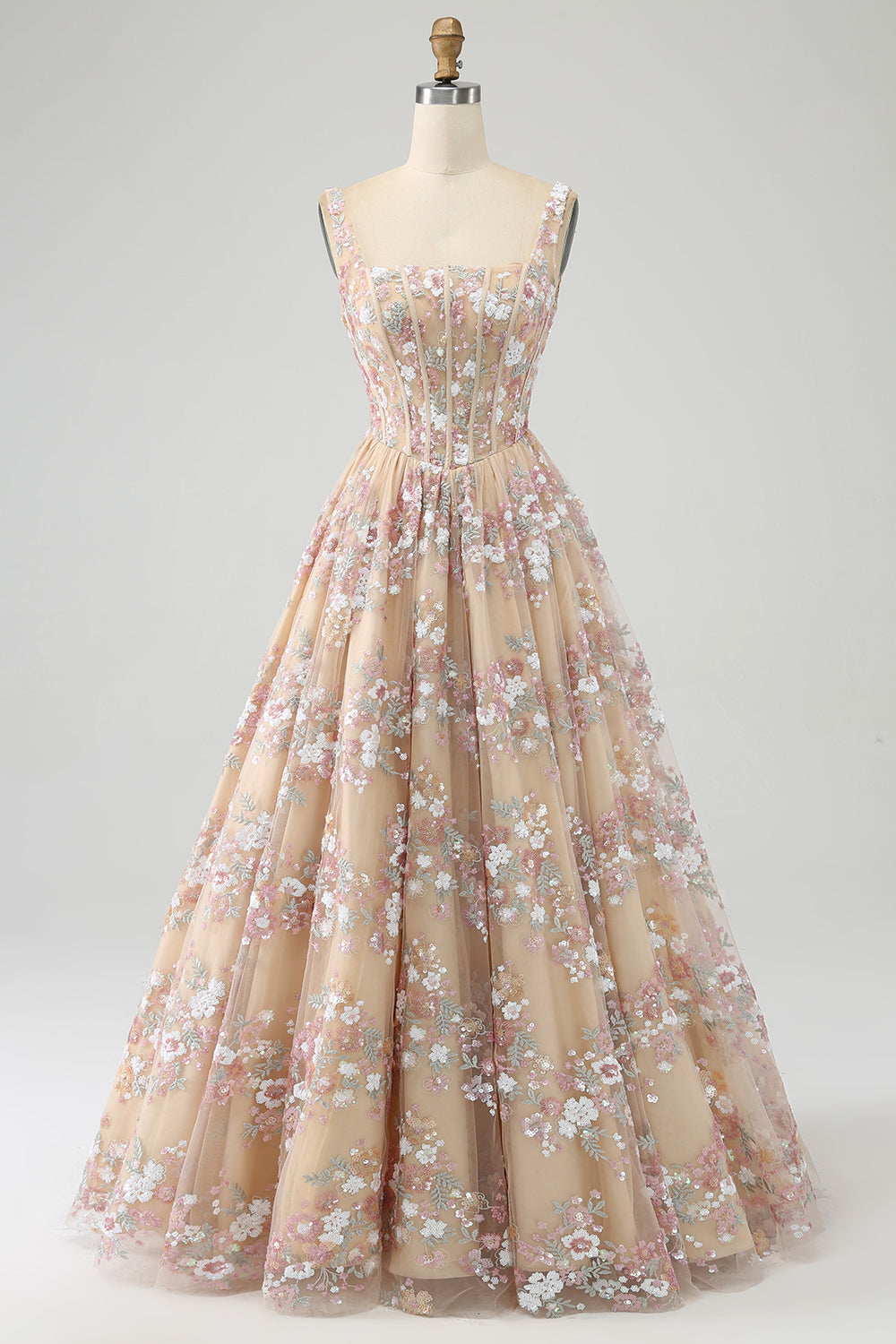 Leely Women Charming Champagne Long Corset Prom Dress A Line Square Neck Formal Dress With Appliques leelyuk Leely Women Charming Champagne Long Corset Prom Dress A Line Square Neck Formal Dress With Appliques leelyuk