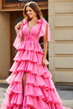 Fuchsia Princess A Line V Neck Long Tiered Prom Dress With Slit