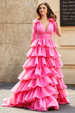 Fuchsia Princess A Line V Neck Long Tiered Prom Dress With Slit