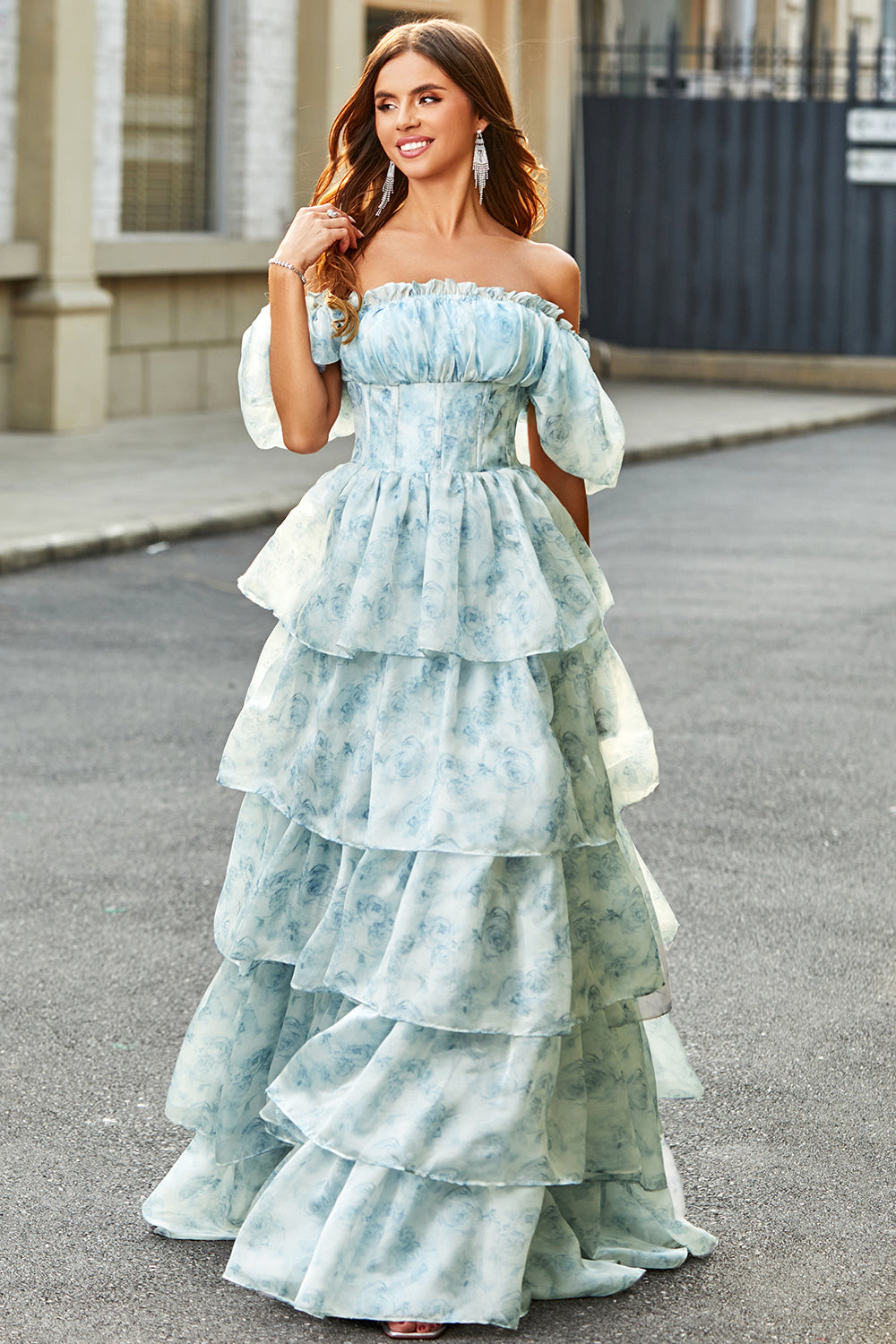 Leely Women Light Blue Long Prom Dress With Ruffles Floral A Line